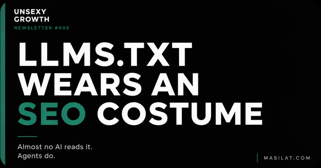 Unsexy Growth Newsletter 005 cover: LLMS.TXT Wears an SEO Costume. Almost no AI reads it. Agents do. Published on Masilat.com.
