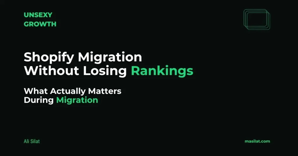 Featured image for "How to Migrate to Shopify From a Custom CMS Without Losing Rankings," dark green and black background with the headline text and masilat.com branding.