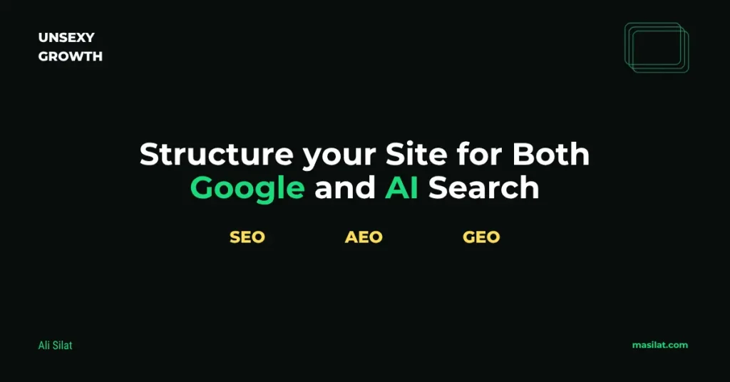 Unsexy Growth newsletter issue 8 featured graphic on a dark green background. Headline reads "How to Structure a Site for Both Google and AI Search" beneath a thin green accent underline, with the masilat.com wordmark in the footer.