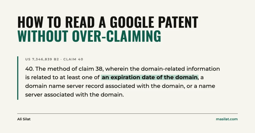 How to read a Google patent: claim 40 of US 7,346,839 with "an expiration date of the domain" highlighted